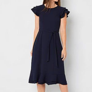 NIP JC Penney Perceptions Short Sleeve Midi Fit + Flare Dress Navy L